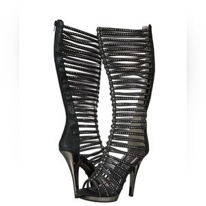 Ellie Shoes E-M-Stella 5" Heel Mid Calf Boot Straps with metalic studs/ S7 Black